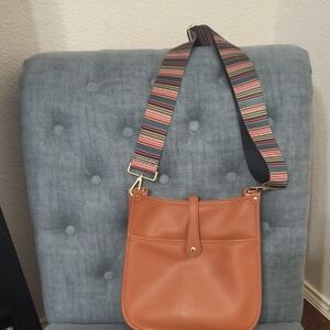 Tan Crossbody Bag with Adjustable Striped Strap